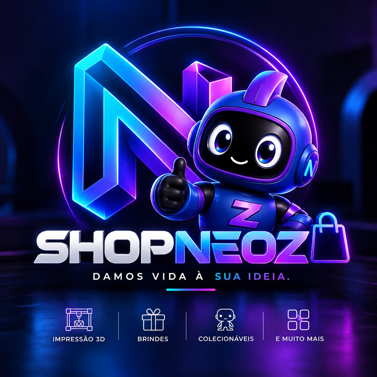 SHOPNEOZ: robô da NEOZ 3D com o slogan Damos vida à sua ideia. Impressão 3D, brindes, colecionáveis e muito mais.